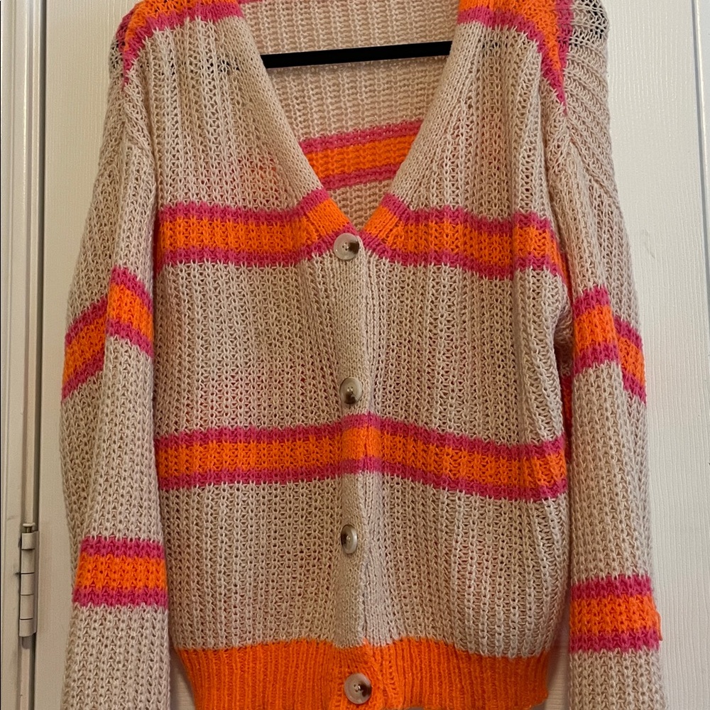 Striped Knit Button-Up Sweater - Orange and Pink